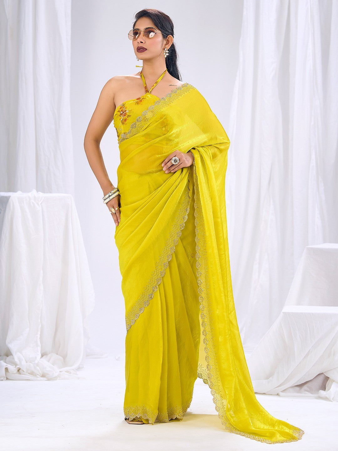 Premium Lemon Yellow Art Silk Saree With Stone & Cutdhana Border Embellishment - Image 1