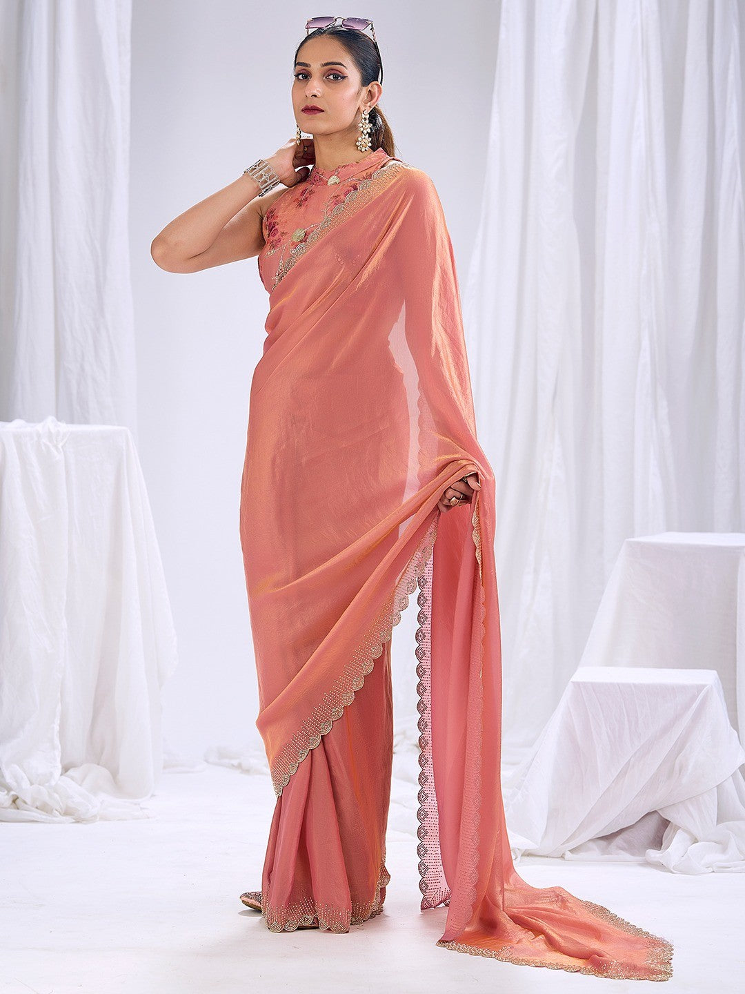 Premium Peach Art Silk Saree With Stone & Cutdhana Border Embellishment - Image 2