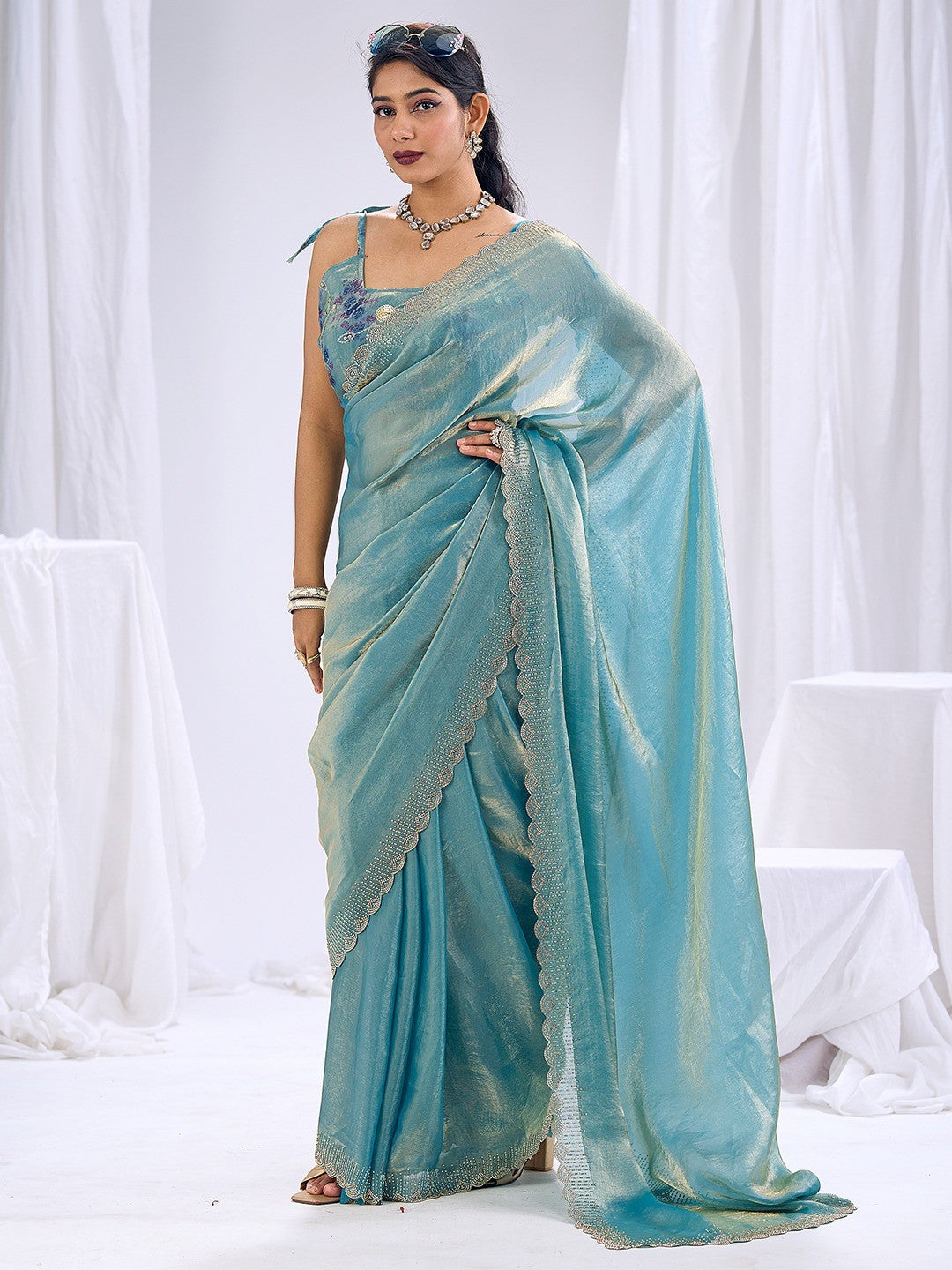 Premium Blue Art Silk Saree With Stone & Cutdhana Border Embellishment - Image 1