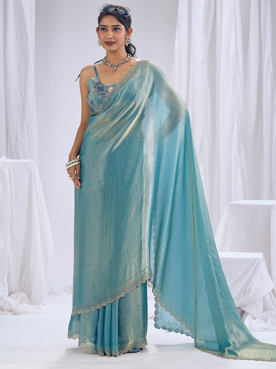Premium Blue Art Silk Saree With Stone & Cutdhana Border Embellishment - Image 5