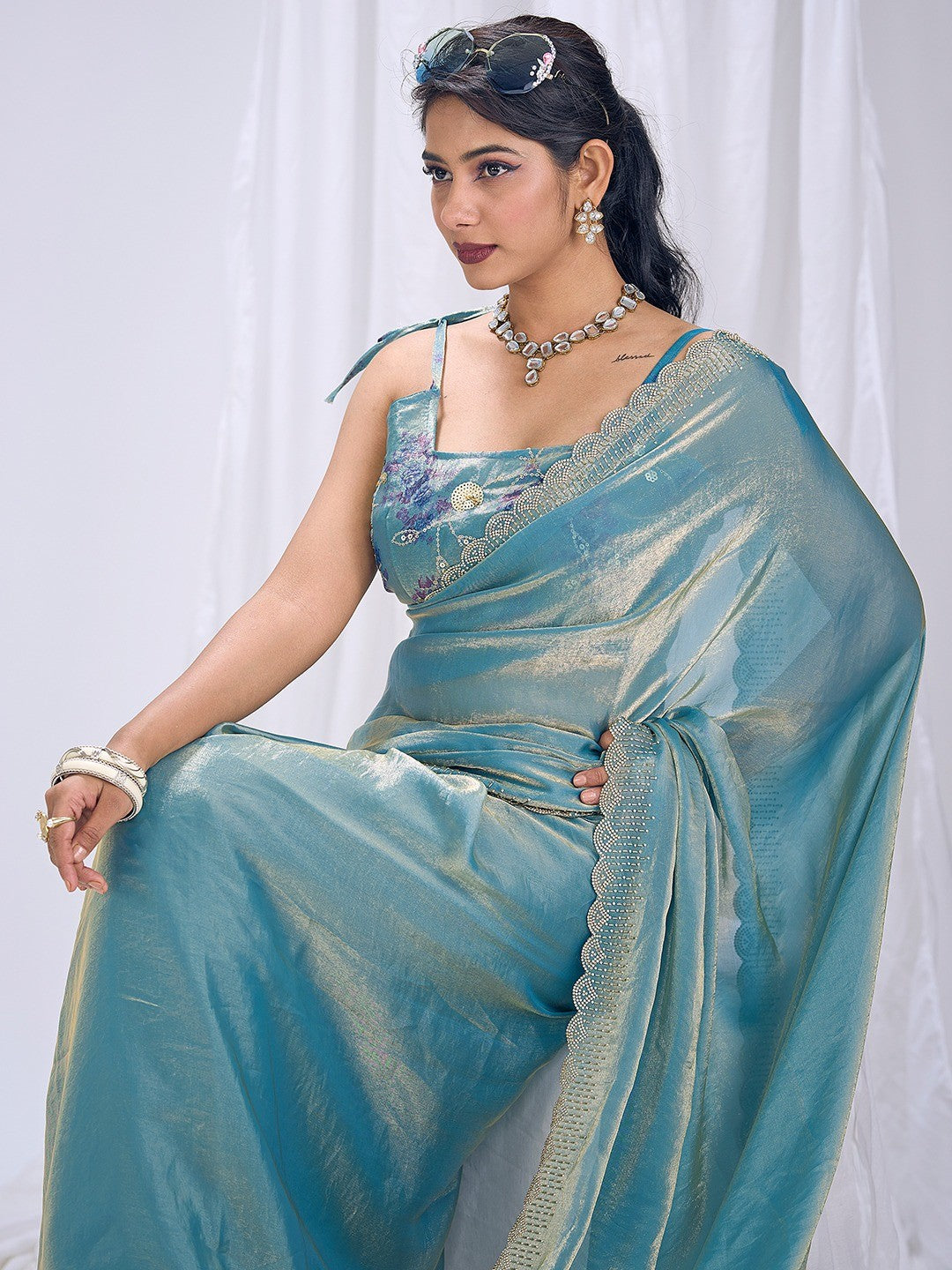Premium Blue Art Silk Saree With Stone & Cutdhana Border Embellishment - Image 2