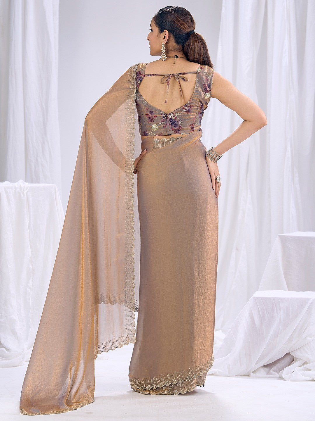 Premium Beige Art Silk Saree With Stone & Cutdhana Border Embellishment - Image 5
