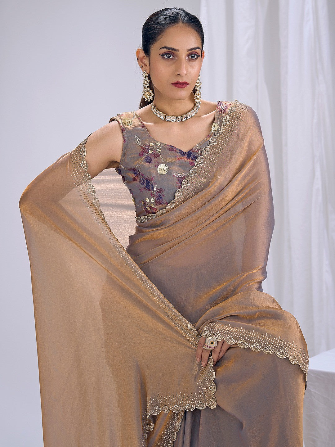 Premium Beige Art Silk Saree With Stone & Cutdhana Border Embellishment - Image 2