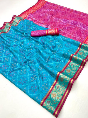 Blue Art Silk Patola Weaving Saree with Fancy Pallu and Blouse - Image 2