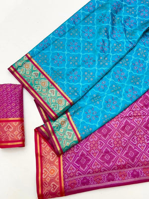 Blue Art Silk Patola Weaving Saree with Fancy Pallu and Blouse - Image 2