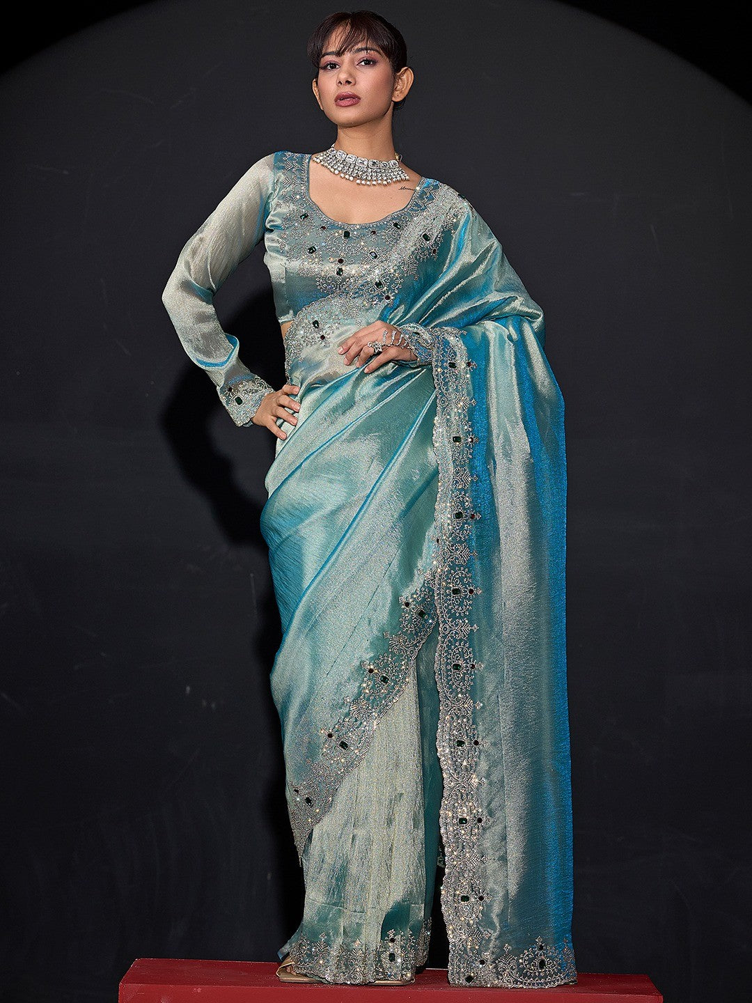 Elegant Sky Blue Kanjivaram Silk Saree With Heavy Stone Work & Pure Kundan Border Detailing - Image 1
