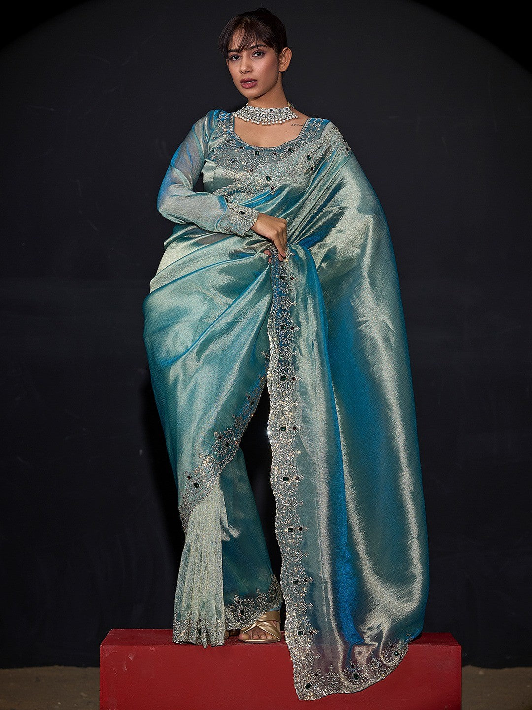 Elegant Sky Blue Kanjivaram Silk Saree With Heavy Stone Work & Pure Kundan Border Detailing - Image 2
