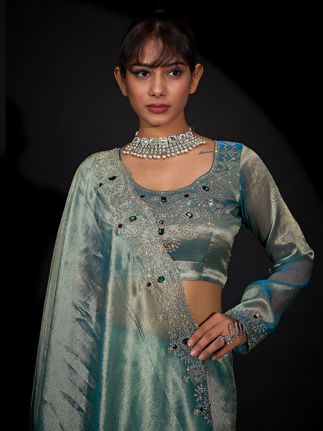Elegant Sky Blue Kanjivaram Silk Saree With Heavy Stone Work & Pure Kundan Border Detailing - Image 5