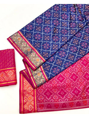 Navy Blue Art Silk Patola Weaving Saree with Fancy Border and Blouse - Image 2