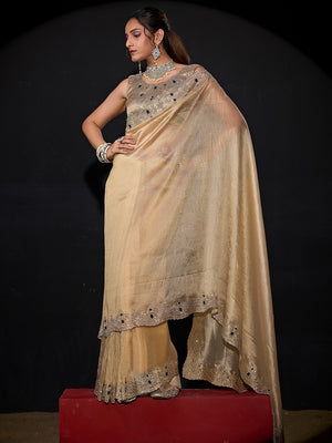 Elegant Cream Kanjivaram Silk Saree With Heavy Stone Work & Pure Kundan Border Detailing - Image 2