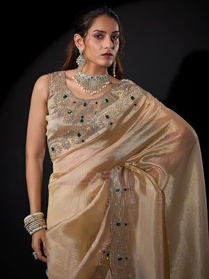 Elegant Cream Kanjivaram Silk Saree With Heavy Stone Work & Pure Kundan Border Detailing - Image 2