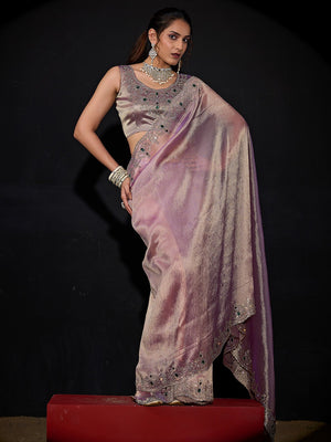 Elegant Lavender Kanjivaram Silk Saree With Heavy Stone Work & Pure Kundan Border Detailing - Image 1