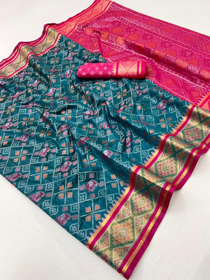 Elegant Blue Art Silk Patola Weaving Saree with Fancy Border and Blouse - Image 2