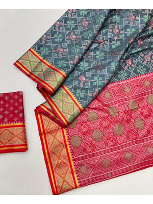 Elegant Grey Art Silk Patola Weaving Saree with Fancy Pallu and Blouse - Image 2
