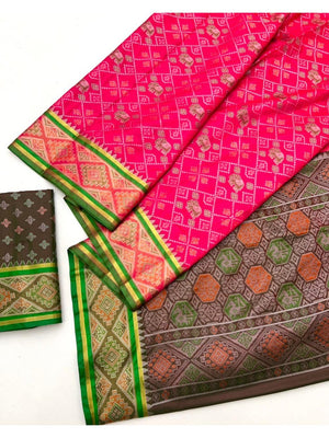 Pink Patola Art Silk Weaving Saree with Fancy Woven Border and Blouse - Image 2