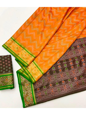 Mustard Zig-Zag Art Silk Patola Weaving Saree with Contrast Border and Blouse - Image 2