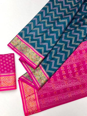 Blue Zig-Zag Patterned Art Silk Patola Weaving Saree with Contrast Pink Border - Image 2