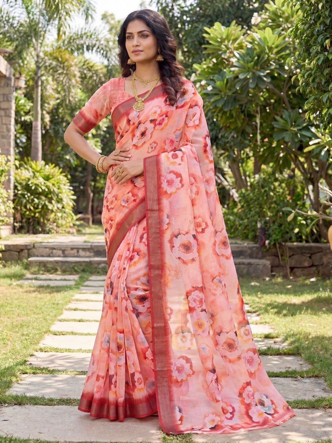 Peach Printed Linen Saree with Floral Motifs Relaxed Graceful Look - Image 1