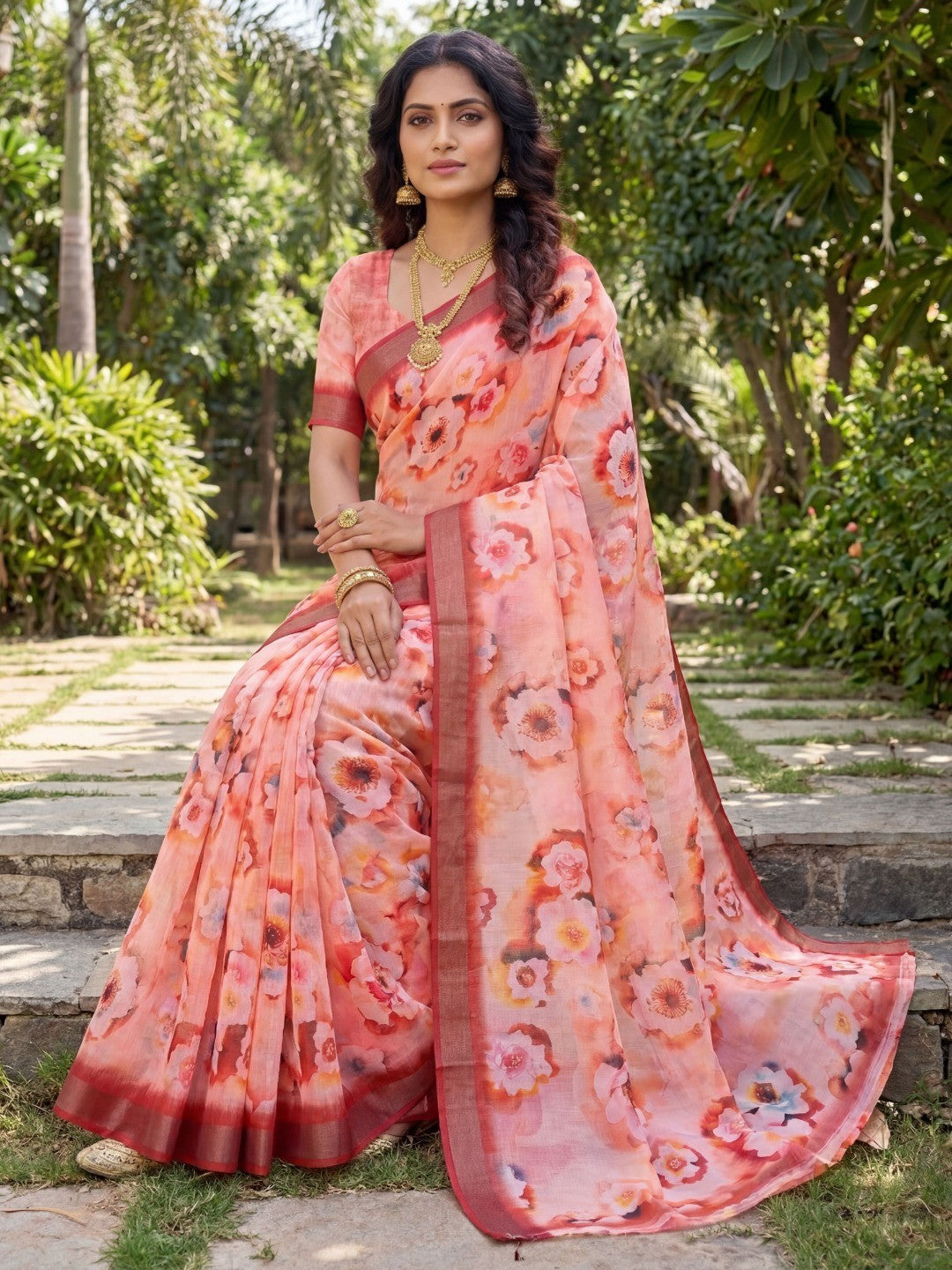 Peach Printed Linen Saree with Floral Motifs Relaxed Graceful Look - Image 4
