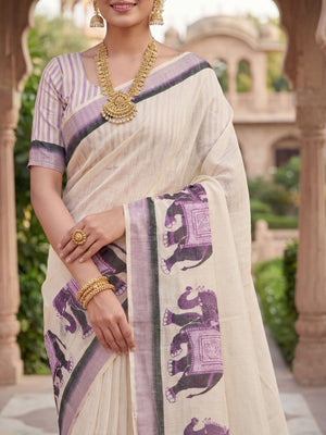 Elegant Cream Linen Saree with Traditional Elephant Print - Image 2