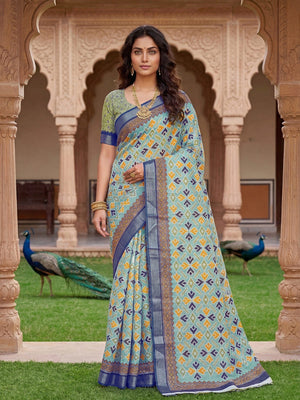 Elegant Green Linen Saree with Traditional Ikkat Print - Image 1