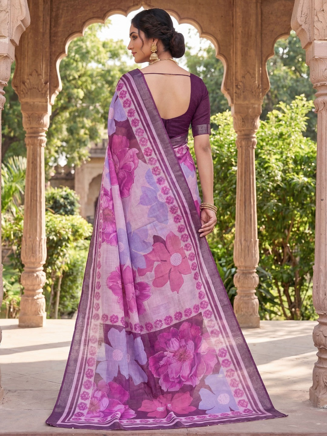 Graceful Purple Linen Saree with Blooming Floral Patterns - Image 3