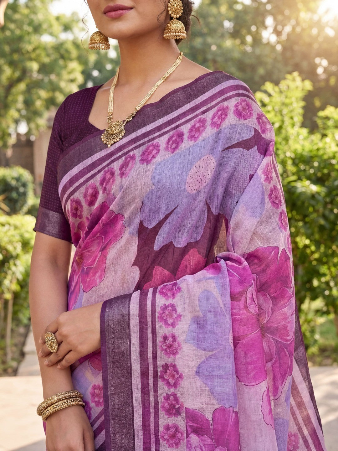Graceful Purple Linen Saree with Blooming Floral Patterns - Image 2