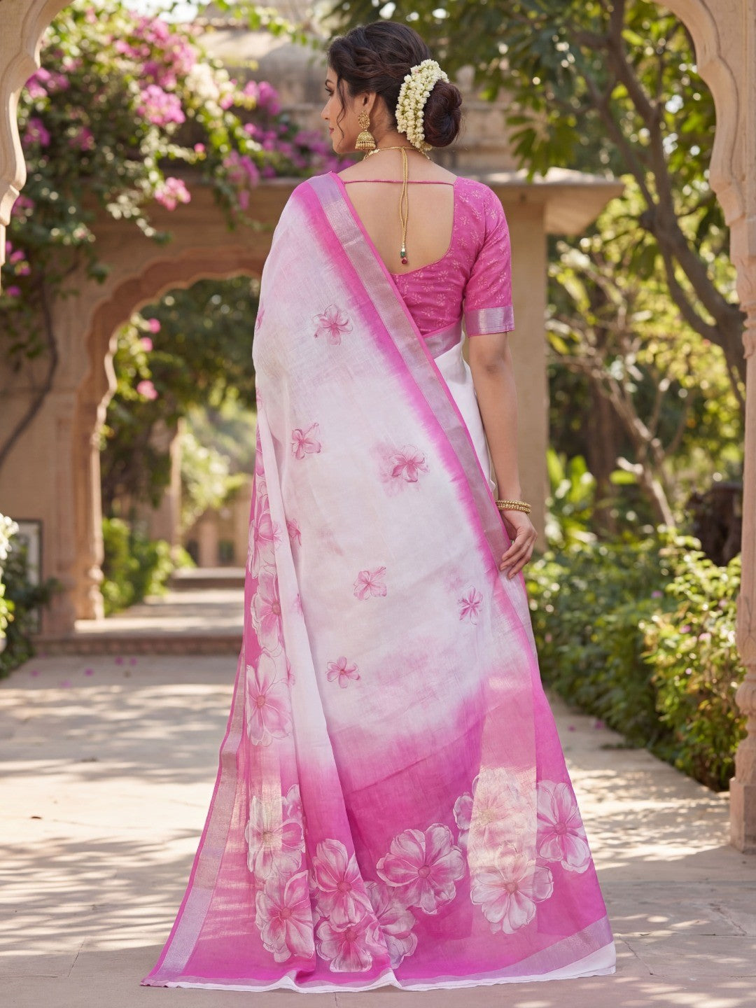 Elegant White & Pink Linen Saree with Floral Prints and Silver Border - Image 2