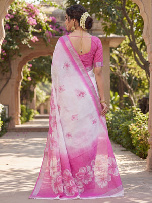 Elegant White & Pink Linen Saree with Floral Prints and Silver Border - Image 2
