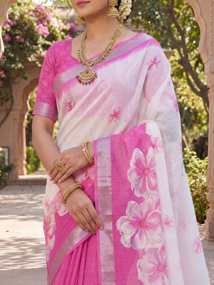 Elegant White & Pink Linen Saree with Floral Prints and Silver Border - Image 2