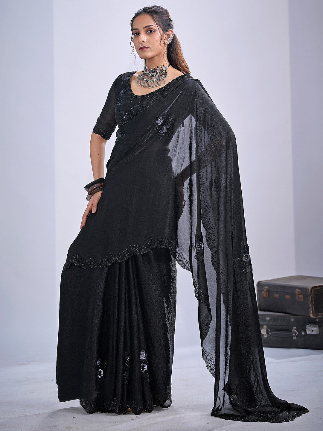 Elegant Black Satin Silk Saree With Stonework Combined With Cut Dana & Sequin Applic Design - Image 5