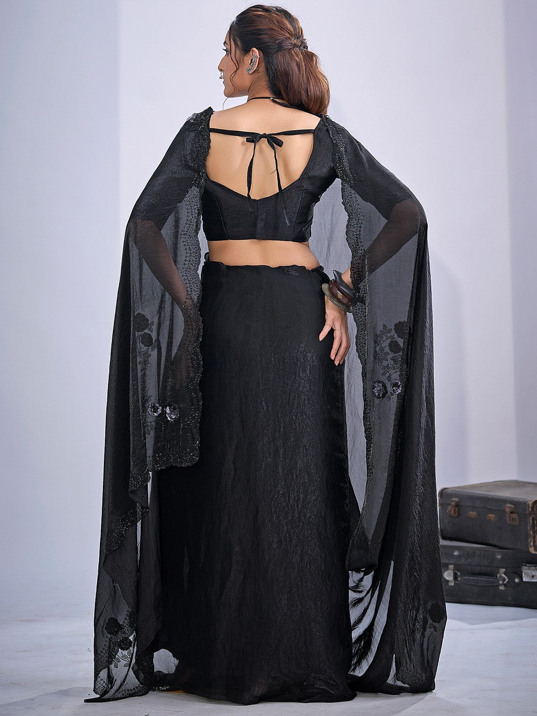 Elegant Black Satin Silk Saree With Stonework Combined With Cut Dana & Sequin Applic Design - Image 3