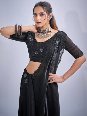 Elegant Black Satin Silk Saree With Stonework Combined With Cut Dana & Sequin Applic Design - Image 2