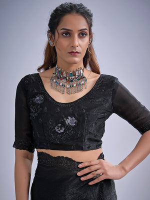 Elegant Black Satin Silk Saree With Stonework Combined With Cut Dana & Sequin Applic Design - Image 2