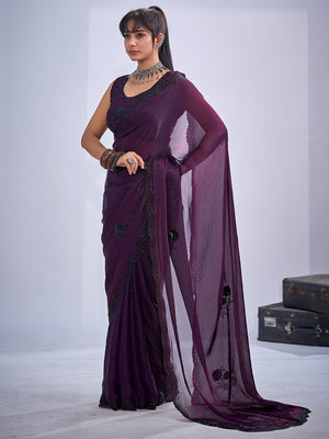 Elegant Wine Satin Silk Saree With Stonework Combined With Cut Dana & Sequin Applic Design - Image 2
