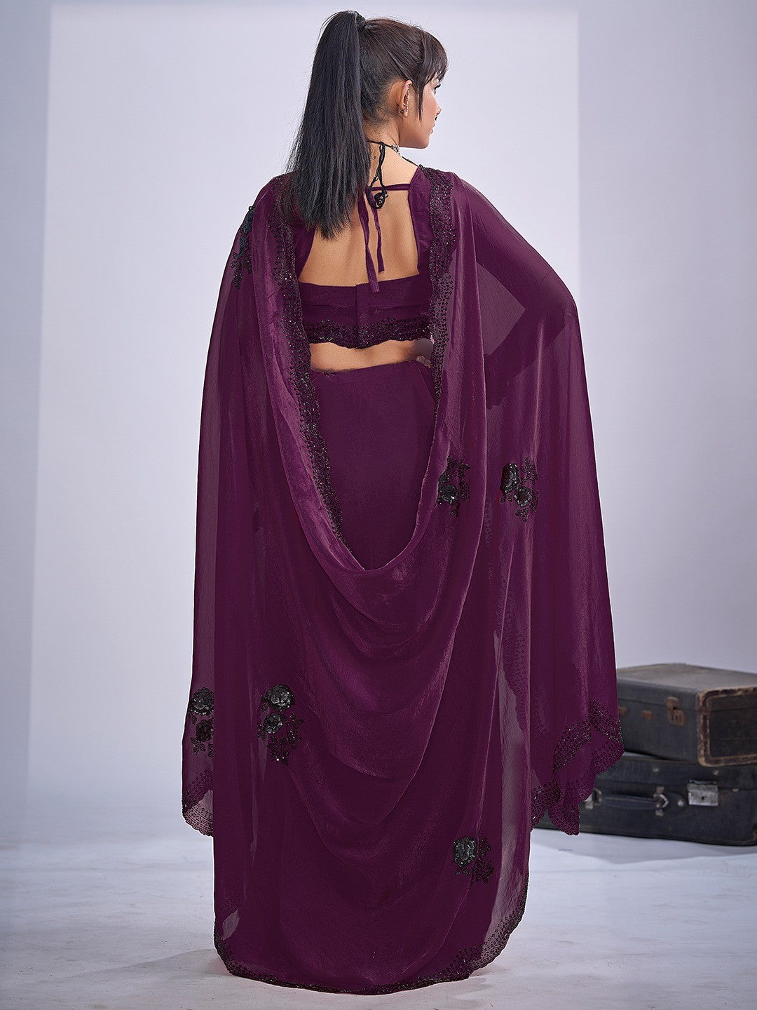 Elegant Wine Satin Silk Saree With Stonework Combined With Cut Dana & Sequin Applic Design - Image 5