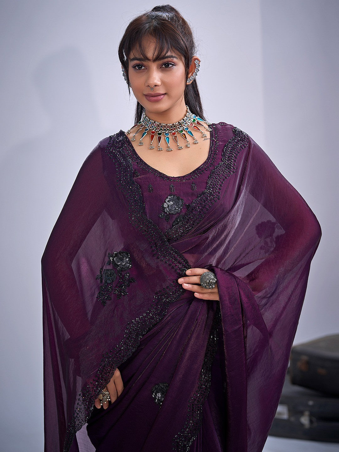 Elegant Wine Satin Silk Saree With Stonework Combined With Cut Dana & Sequin Applic Design - Image 6