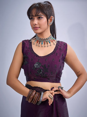 Elegant Wine Satin Silk Saree With Stonework Combined With Cut Dana & Sequin Applic Design - Image 2