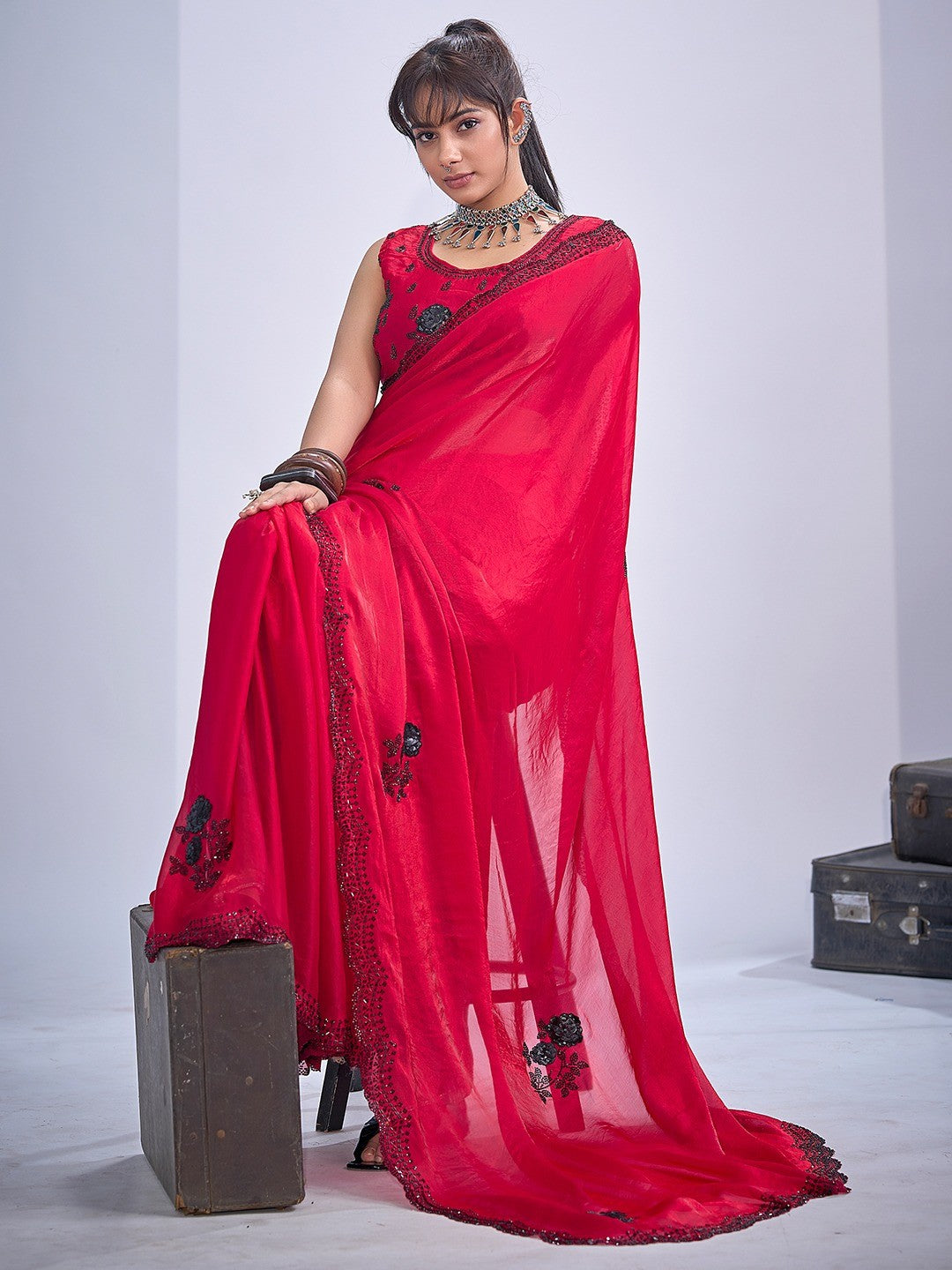 Elegant Cherry Red Satin Silk Saree With Stonework Combined With Cut Dana & Sequin Applic Design - Image 4