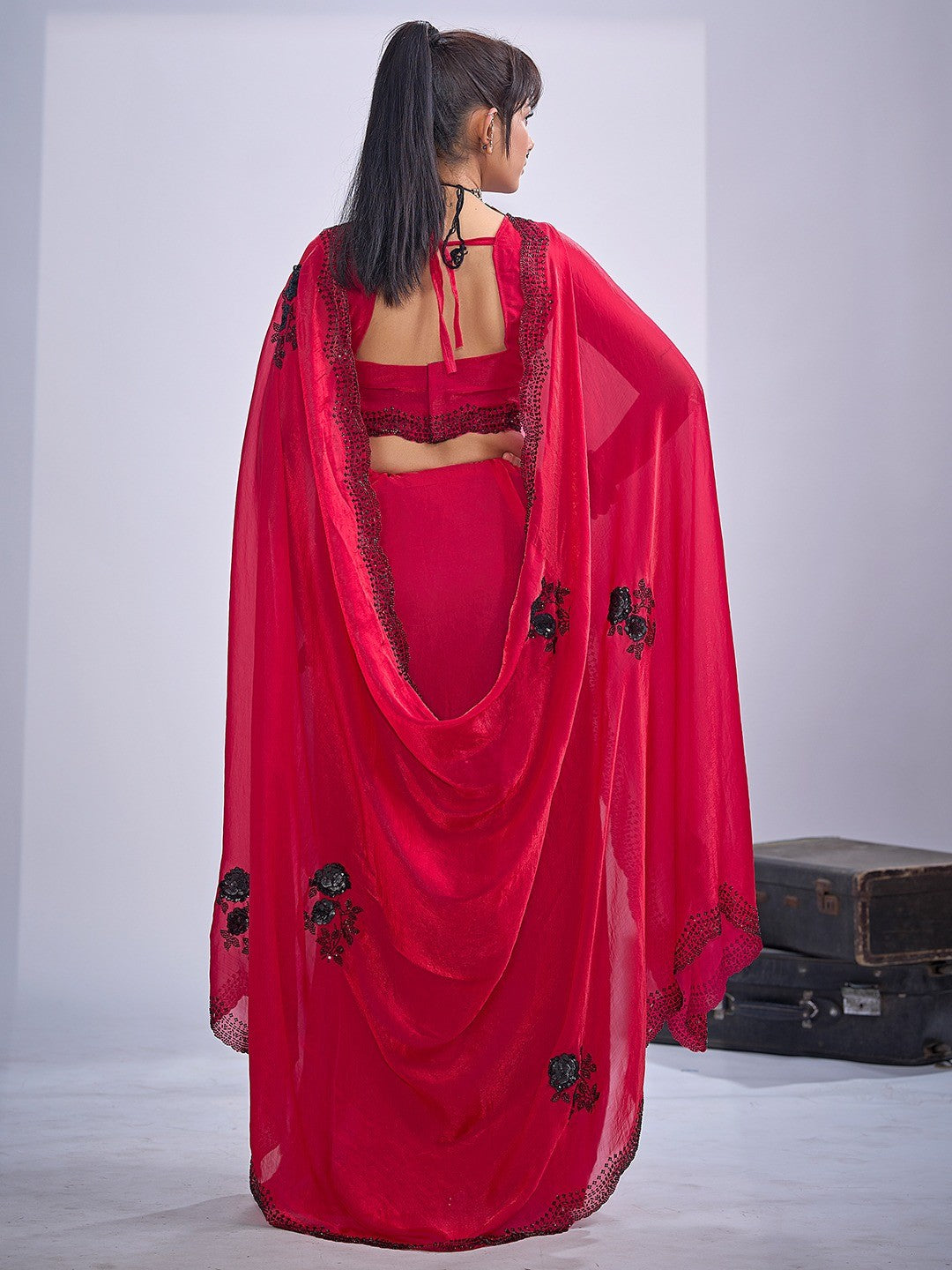 Elegant Cherry Red Satin Silk Saree With Stonework Combined With Cut Dana & Sequin Applic Design - Image 5
