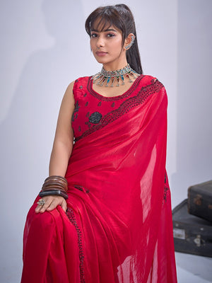 Elegant Cherry Red Satin Silk Saree With Stonework Combined With Cut Dana & Sequin Applic Design - Image 2