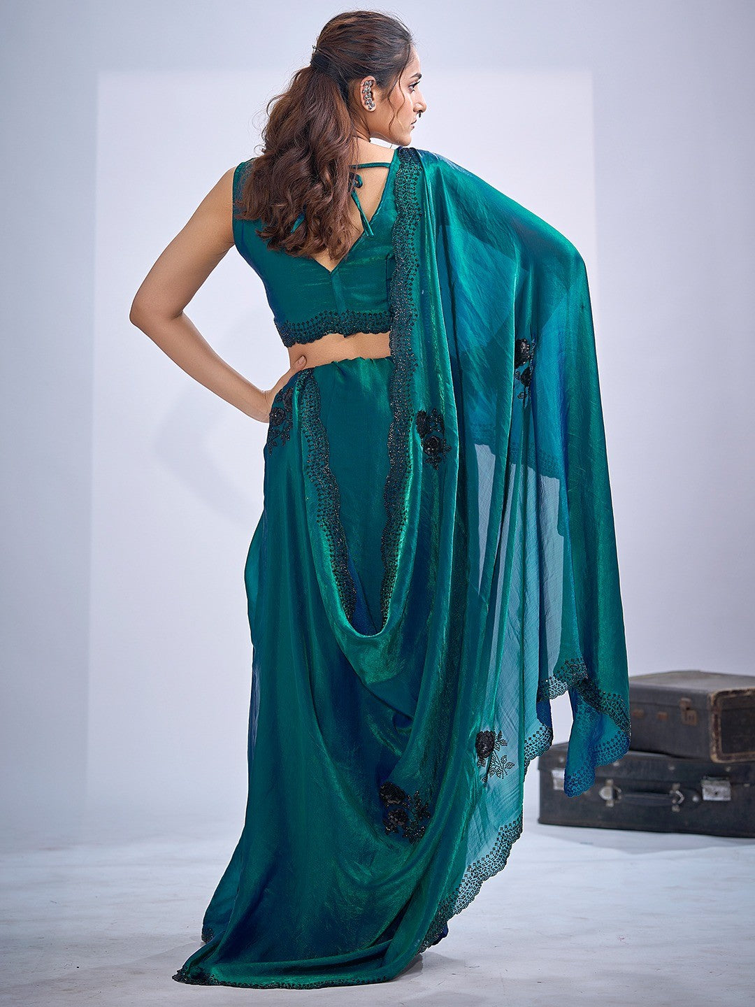 Elegant Teal Satin Silk Saree With Stonework Combined With Cut Dana & Sequin Applic Design - Image 5