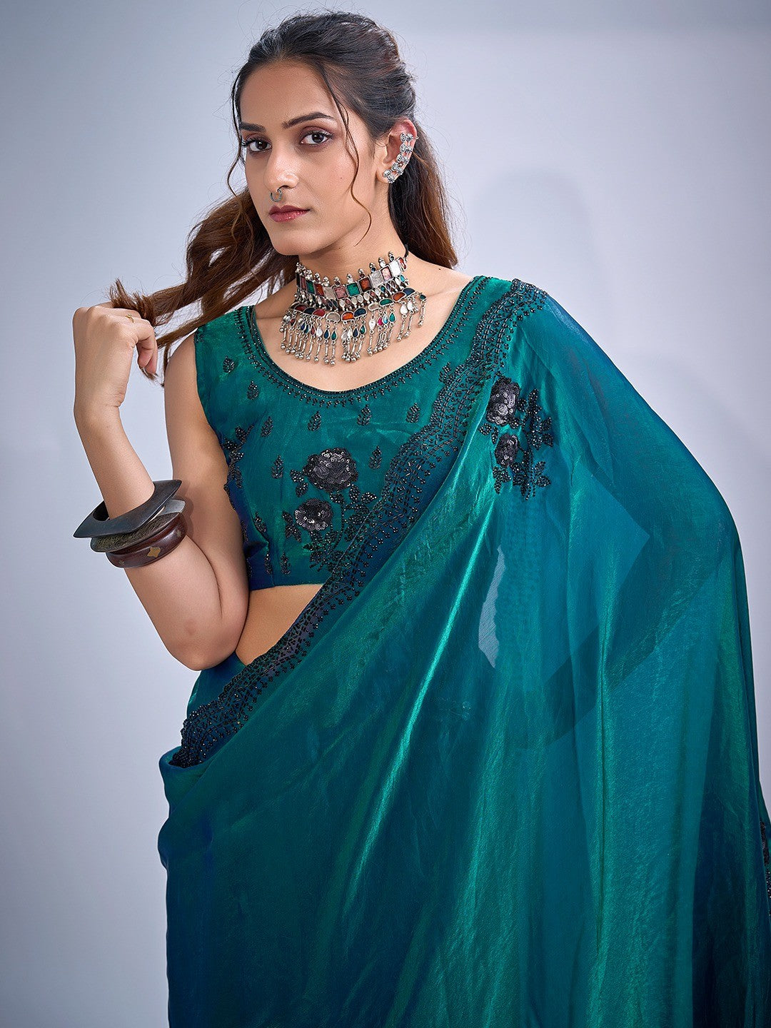 Elegant Teal Satin Silk Saree With Stonework Combined With Cut Dana & Sequin Applic Design - Image 3