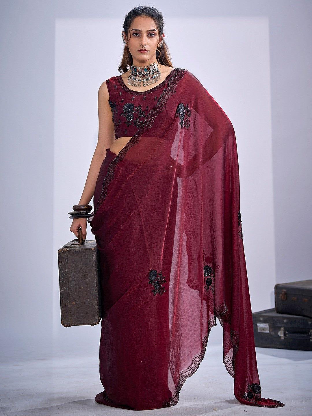 Elegant Maroon Satin Silk Saree With Stonework Combined With Cut Dana & Sequin Applic Design - Image 6