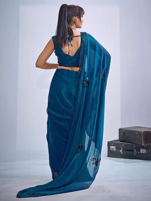 Elegant Blue Satin Silk Saree With Stonework Combined With Cut Dana & Sequin Applic Design - Image 2