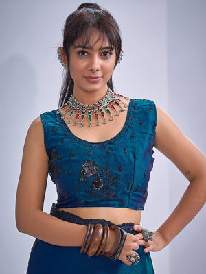 Elegant Blue Satin Silk Saree With Stonework Combined With Cut Dana & Sequin Applic Design - Image 2