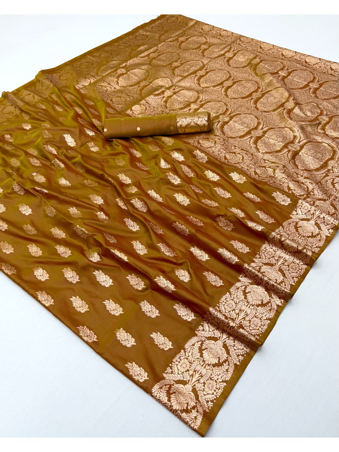 Elegant Dark Mustard Floral Zari Weaving Art Silk Saree With Graceful Traditional Craftsmanship - Image 3