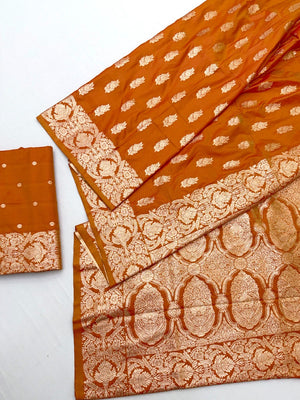 Elegant Orange Floral Zari Weaving Art Silk Saree With Graceful Traditional Craftsmanship - Image 2