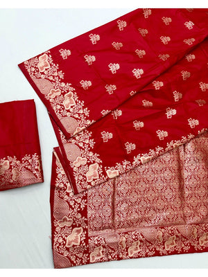 Designer Red Floral Art Silk Saree Featuring Intricate Zari Weaving Work - Image 2
