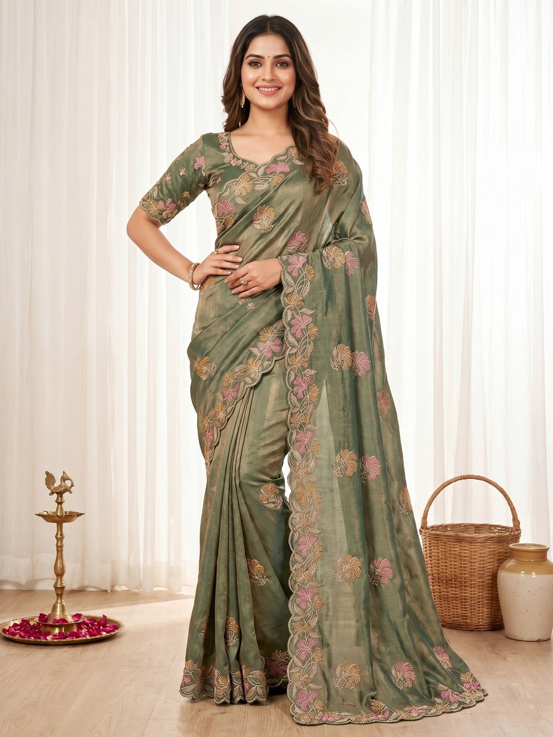 Olive Satin Embroidered Saree with Intricate Floral Thread Work - Image 1